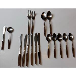 17pc Interpur Stainless Steel Flatware Spoons/Knives/Forks Faux Wood Handle MCM